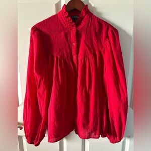 Chaps Red Swiss Dot Ruffle Neck Blouse XL Cotton Long Sleeve Top
